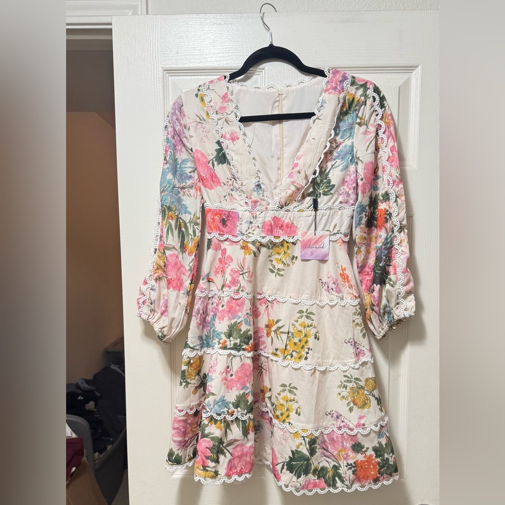 Chicwish Cream Floral Lace-Trim Mini Dress with Pink & Yellow Bouquet